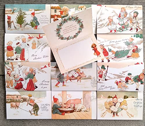 Image of PIXILUV SNOWY CHRISTMAS (Pack of 12) Notecards Small Greeting Cards # Snowy White Christmas with Family ~ Vintage Christmas Postcards Reprint