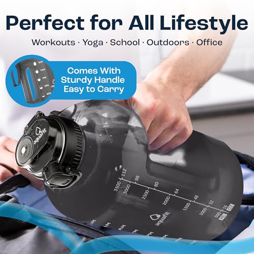 Image of AQUAFIT 1 Gallon Water Bottle with Time Marker - Straw & Chug Lid - BPA Free Gym Water Bottle with Straw - Big Gallon Jug (Gray, 128 oz - 2in1 Lid)