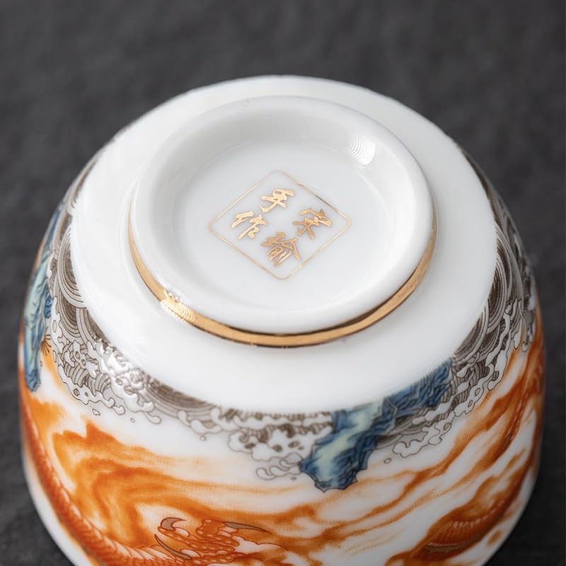 Tea Cup Gilded Teacup Owner's Hand-Painted Dragon-Phoenix White Porcelain Bowl Tasting Gongfu Set Scent-Tasting Single Soaking Container(A)