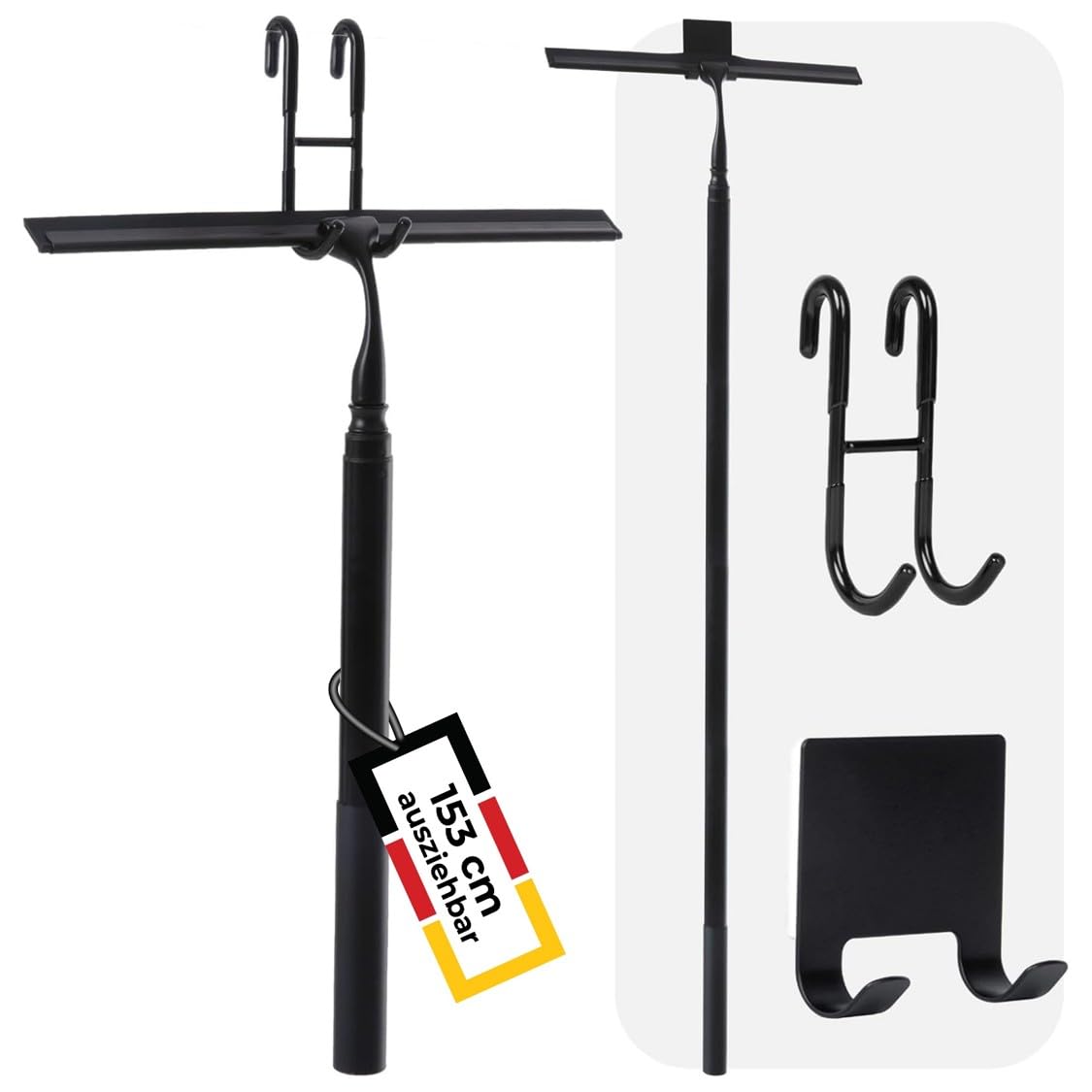 Duschabzieher mit Teleskopstiel 43-153 cm lang 35 cm breit, 2 Haken, Langer Stiel, Teleskop, Bodenabzieher schwarz, Abzieher Teleskop, schwarz