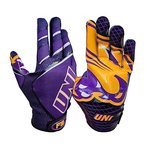 Scale Wear Design University of Northern Iowa Panthers Football Gloves with Super Stick-Tach Silicone Grip Palms. Men's & Youth Boys Sticky Football Receiver Gloves (Black, Youth-L)