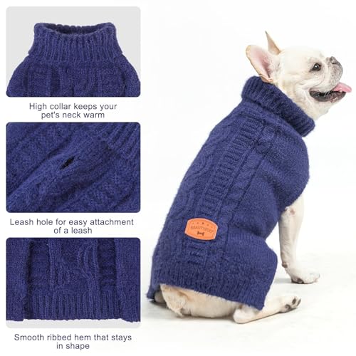 Image of BEAUTYZOO Dog Sweaters for X-Small Dogs, Knit Clothes with Harness Hole | Turtleneck Pullover Fall Winter Knitwear, Fuzzy Fleece Cold Weather Coat for Girl Boy Puppy, Warm Pet Sweatshirt, Navy XS