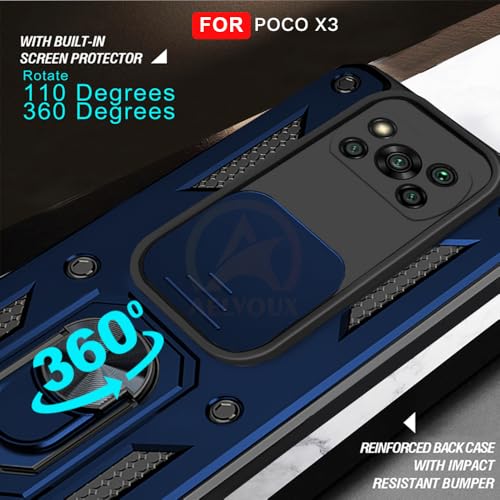 Image of Armor Bumper Back Cover Case for Poco X3 Rotating Camera Cover, Ring Holder & Kickstand | Heavy Duty & 360 Degree Protection Poco X3 Back Cover (Blue)