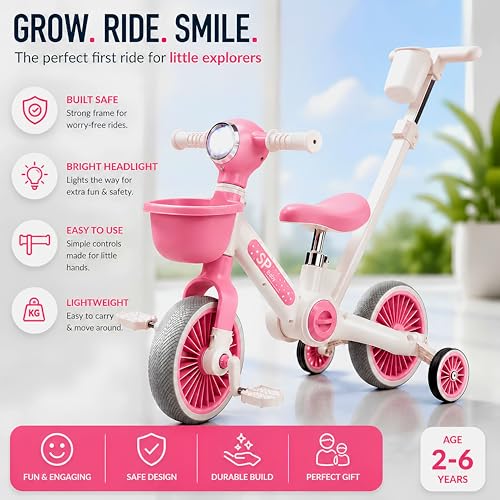 Image of TinyDazzle Kids 3 in 1 Convertible Tricycle, Balance Bike, Trikes with Parental Control for 2-6 Years Toddlers | Foldable | Music & Light | Front Basket Cycle for Boys & Girls. (Bright Pink)