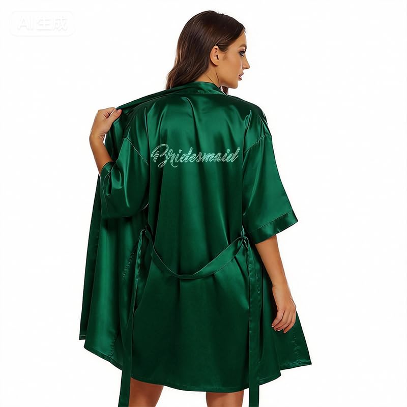 Image of Women's Bride Bridesmaid Robes Short Satin One Size Silver Rhinestones Wedding Party Getting Ready Sleepwear