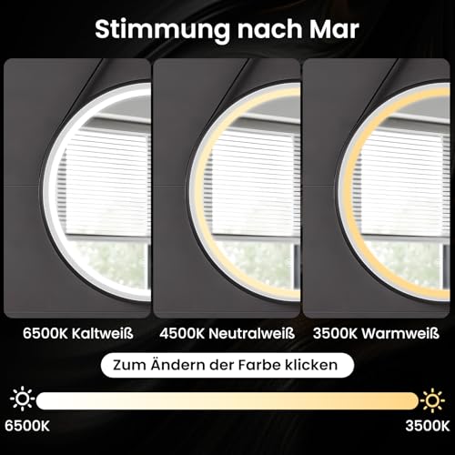 Trintion LED Spiegel Bad mit Beleuchtung 50cm Rund – Touch-Schalter, Beschlagfrei, Dimmbar – Badezimmerspiegel mit Licht für Make-up & Rasu Abnehmbarem Lederband 4
