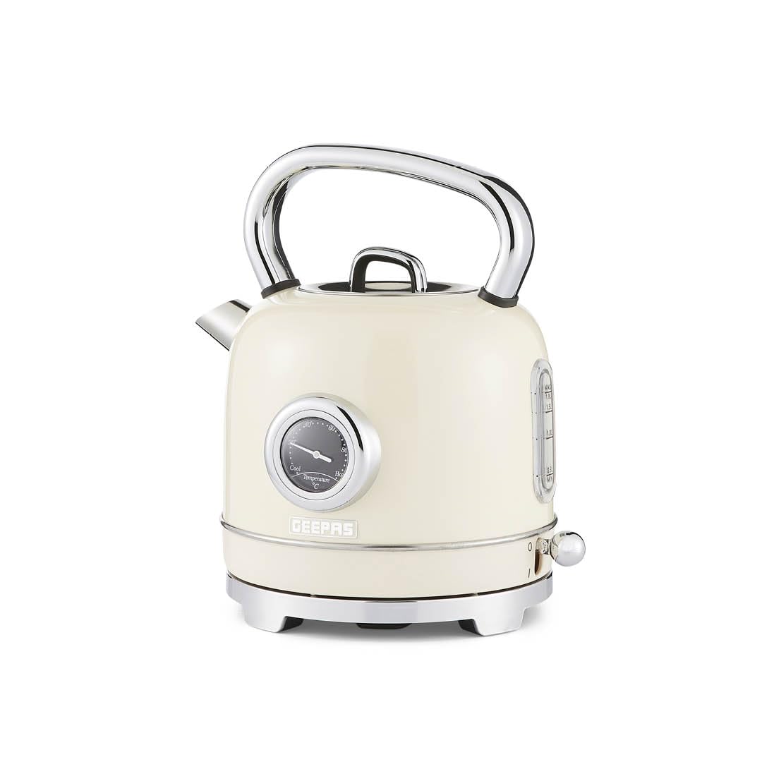 GEEPAS Retrovive 1.8L Electric Kettle | Vintage Cordless Stainless Steel Rapid Boil Jug Kettle for Hot Water Tea Coffee | Auto Shut-Off 360° Swivel Base Temp Gauge Boil Dry Protection | 3000W Cream