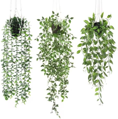 PARTY JOY 3PCS Artificial Hanging Plants, Plants Potted Fake Ivy Vine Eucalyptus Vines Greenery Plants for Wall House Room Indoor Outdoor Decoration