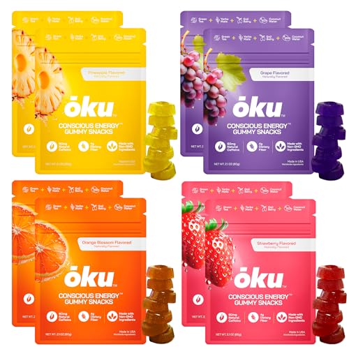 Image of ōku Energy Chews - Energy Gummies w /Natural Caffeine from Green Tea | Yerba Mate, Coconut Water for Hydration, 4g Fiber Gummy, Non-GMO | Running, Cycling, On-the-Go Snacks, Variety Pack (8-Pack)