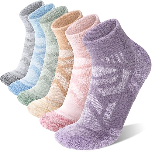 ANTSANG 6 Pairs Merino Wool Hiking Running Socks Enhanced Breathability Warm Quarter Ankle Socks for Men and Women(Pink/Blue/Purple/Gray/Green M)