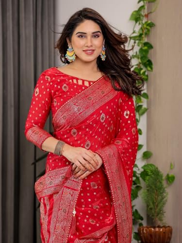 Image of ALMAARI FASHION Fendy Satin Foil Print Floral Saree with Tassels, Traditional Butti Motifs, 5.5m with 0.8m Blouse (FOIL 102 RED H)