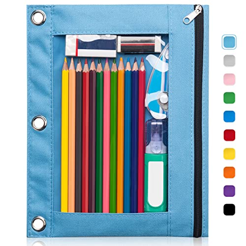 Forvencer 3 Ring Binder Pencil Pouch - Clear Window Pencil Case with Smooth Zipper Big Capacity Pencil Bag with 3 Reinforced Grommets Sky Blue