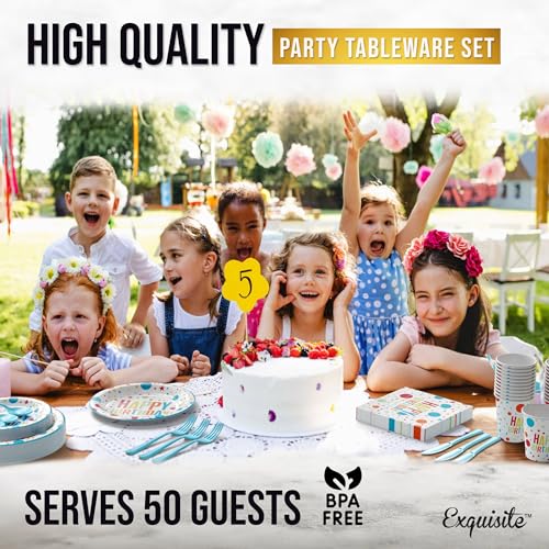Image of Exquisite 350 Pcs Blue Happy Birthday Plates and Napkins Set, Blue Birthday Plates Set, 50 Of Each 9 inch Dinner Plate, 7 inch Dessert Plate, 12 oz Cups, Napkins & Cutlery Plastic Dinnerware Set
