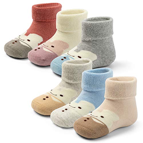 HowJoJo Baby Warm Socks With Grips For Baby Boys Non Slip Winter Socks Baby Girls Thick Crew Socks 6 Pack 12-24 Months