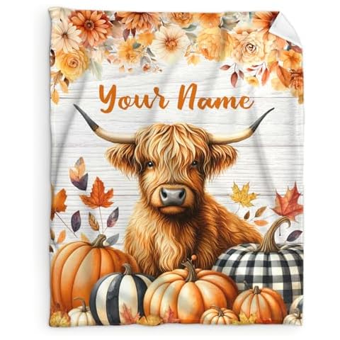 Wedinosaurnes Personalized Cute Highland Cow Blanket, Lovely 80 x 60 Inches Highland Cow and Pumpkin Flannel Blanket for Bed Living Room, Home, Custom Fall Throw Blanket for Girls Women Cover