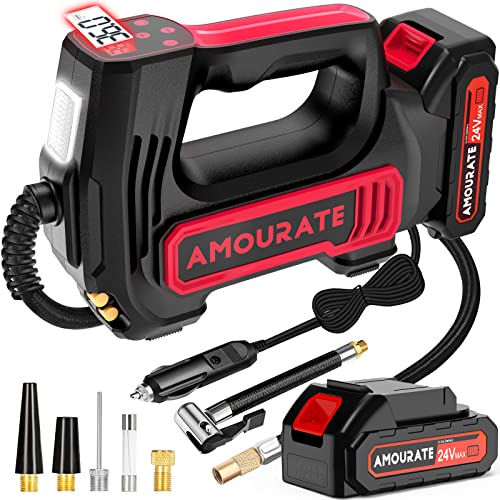 Amourate 24V Air Compressor Tire Inflator Portable for Car, Cordless Air Pump (150 PSI) with 12V Car Adapter Rechargeable Battery,Digital Pressure Gauge,Auto-Off Inflating