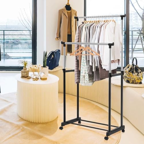 Image of Double Pole Telescopic Clothes &Shoe Rack Folding With 4 Wheels Stand Hanger Garment Drying Rack Multipurpose Portable Storage Laundry Fordable Single And Stand For Indoor Outdoor