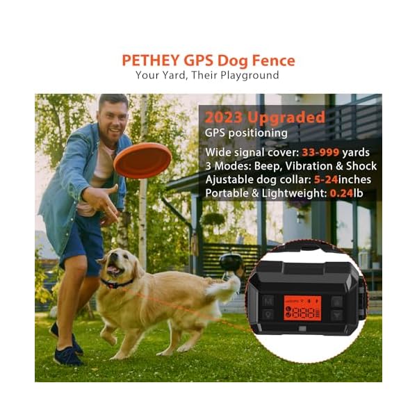 Wireless-Electric-Fence-for-Dogs-PETHEY-GPS-Dog-Collar-Fence-System-IPX7-Waterproof-Pet-Containment-System-Wireless-Dog-Fence-Radius-33-999-Yards-10-110lb-Adjustable-Wireless-Pet-Fence Wireless Electric Fence for Dogs, PETHEY GPS Dog Collar Fence System, IPX7 Waterproof Pet Containment System, Wireless Dog Fence Radius 33-999 Yards, 10-110lb Adjustable Wireless Pet Fence