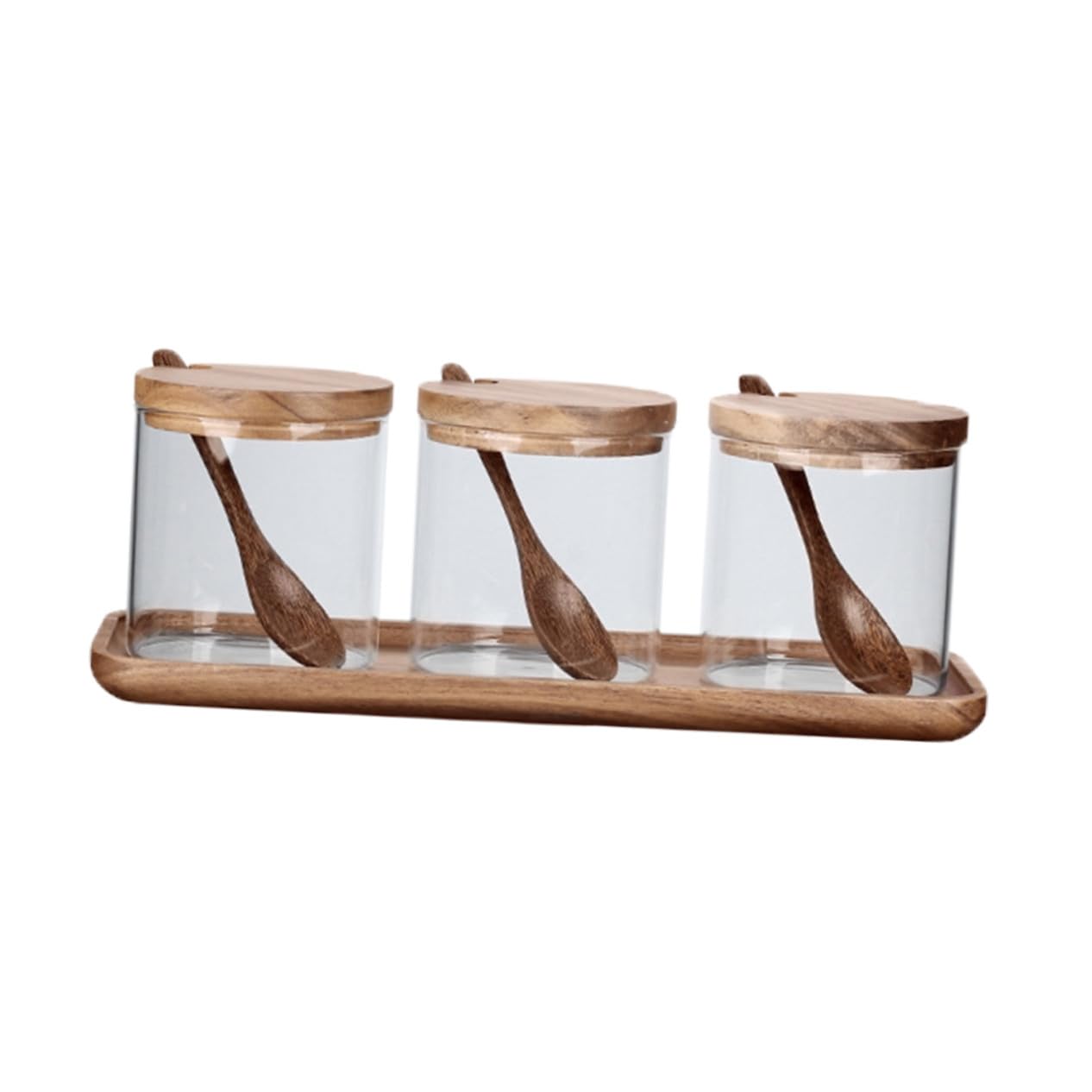 TOYANDONA Barattoli per Spezie e Vassoio in Vetro Set di 3 Cucchiaio con Coperchio in Legno Contenitori Multifunzione per Condimenti, per Uso Domestico in Cucina