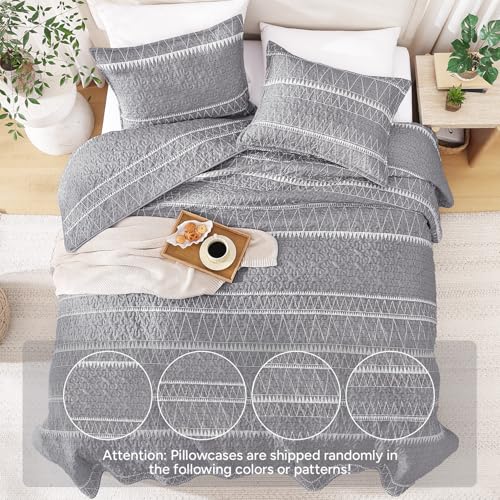 Image of Andency King Size Quilt Set Grey, 3 Pieces Boho Lightweight Soft Striped Bedspread for All Season (106 inchx96 inch), Gray Printed Bohemian Polyester Reversible Coverlet Comforter Sets