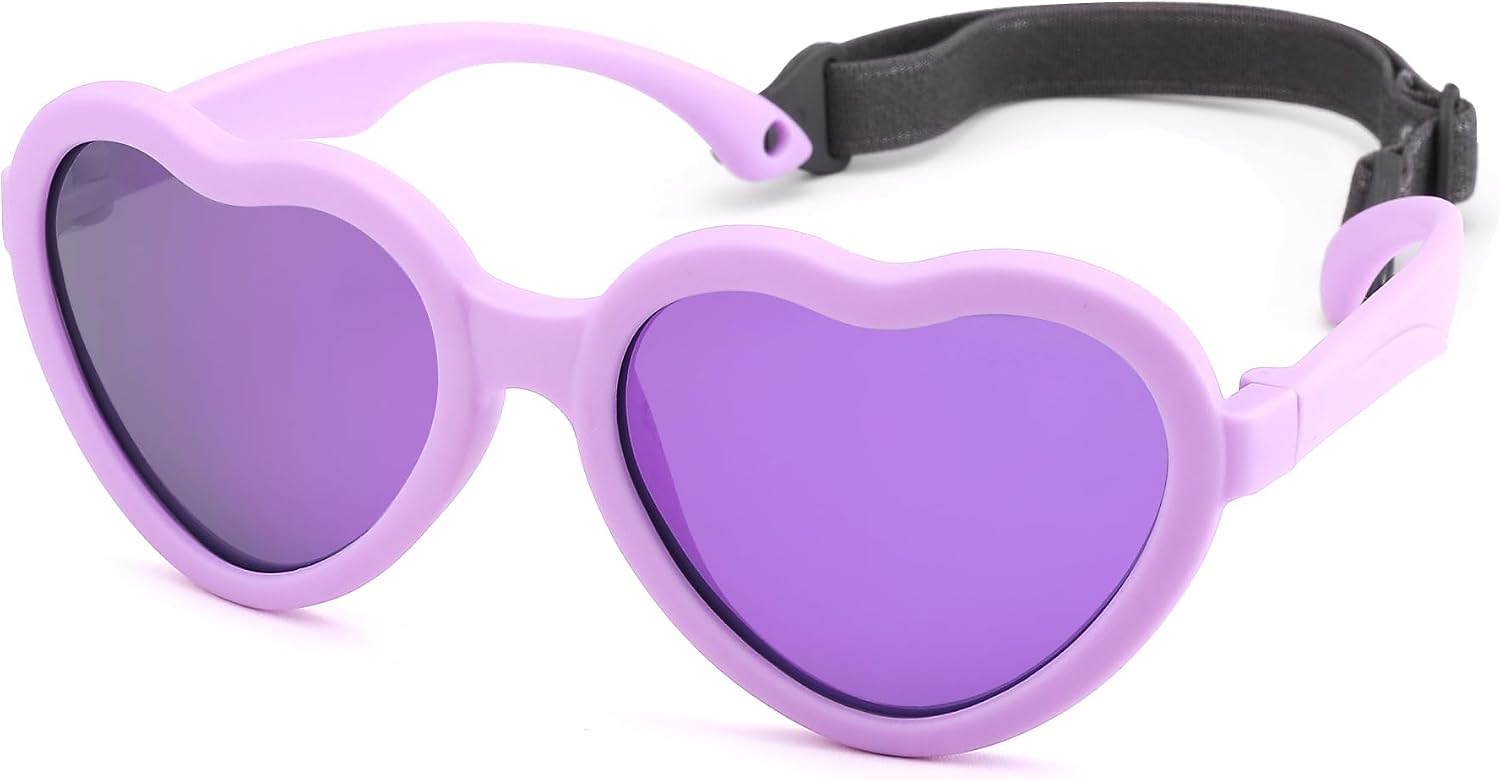 Hycredi Kids Heart Sunglasses for Girls - TPEE Rubber Flexible Toddler Polarized Sunglasses with Strap Age 2-8