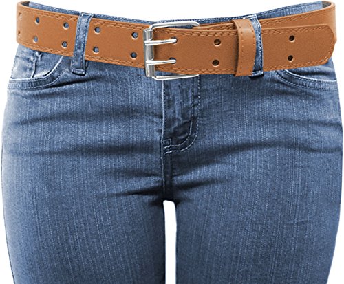 EURO Womens Thick Wide 2 Hole Leather Belt - BN9041 - Tan L
