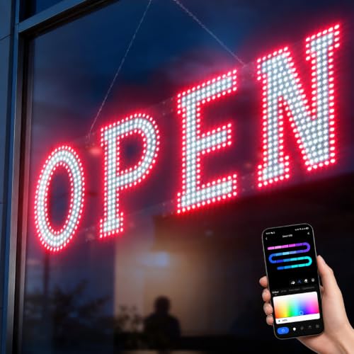 Image of 40 x 12 Inch LED Open Sign for Business - Timer via BT APP & Remote Control, Ultra Bright Large Open Sign with 14 Flash Modes, 6 Dimming Levels & 6 Speed Control for Salon Cafe Restaurant (Red & White)