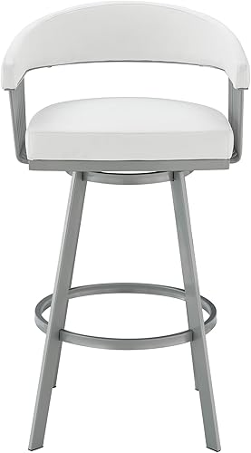 Miniatura 4 de Armen Living Chelsea Taburete giratorio de 25 pulgadas de altura de mostrador en acabado plateado y piel sintética blanca