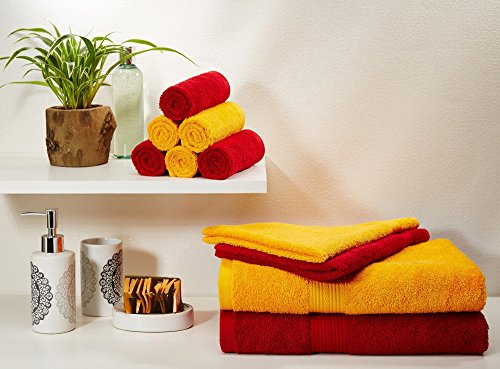 Image of Amazon Brand - Solimo 100% Cotton 10 Piece Towel Set, 500 GSM (Spanish Red and Sunshine Yellow)