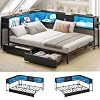 Hasuit Corner Bed Frame with Storage Bookcase Full Daybed with Storage Drawers Underneath Kids Bed Unit with Charging Station and LED Light Black Modern Bed Frame Full Size