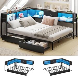 Hasuit Corner Bed Frame with Storage Bookcase Full Daybed with Storage Drawers Underneath Kids Bed Unit with Charging Station and LED Light Black Modern Bed Frame Full Size