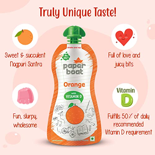 Image of Paper Boat Orange Juice, Enriched with Vitamin D, No Added Preservatives and Colours (Pack of 54, 150ml each)