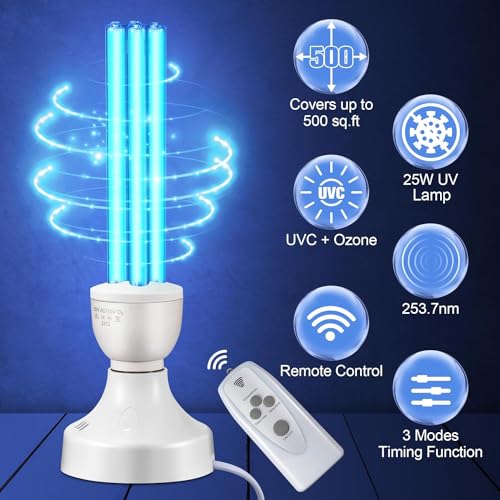Qualirey 25 Watt UV Light Sanitizer, UVC Lamp with E27 Base and Remote Control, UV Light Bulb for Basement/Bedroom/Kitchen, with Ozone - Image 3