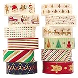 Christmas Washi Tape Pack - Japanese Washi Masking Tape with Foil - 12 Rolls Aesthetic Craft Tape, Great for DIY, Bullet Journal, Calendar, Gift Wrapping, Scrapbooking (Christmas Gold)