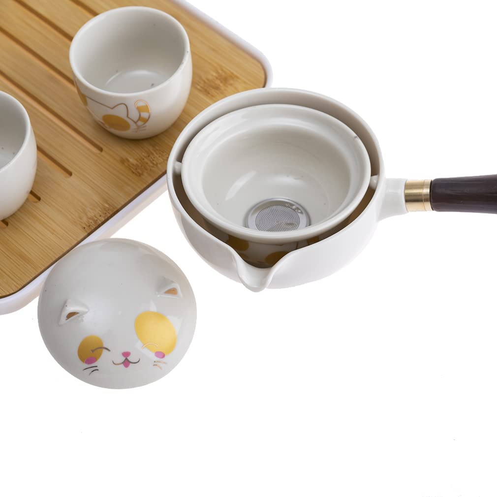 lachineuse – Juego de té japonés con gato Kawaii – con tetera, 4 tazas de porcelana, bandeja y bolsa de transporte – Idea de regalo japonés lindo – Vajilla asiática