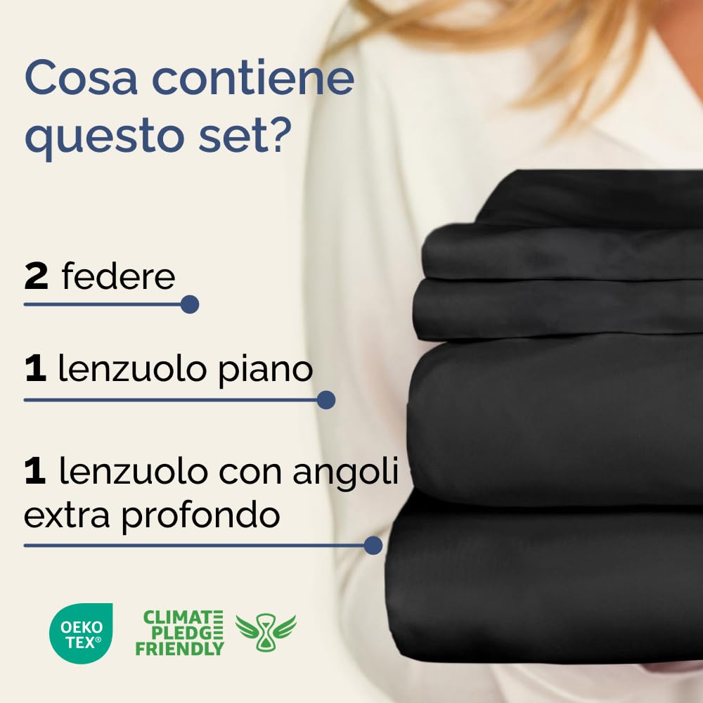Set lenzuola una piazza e mezza 4 pezzi 135x190 cm - morbida microfibra spazzolata, traspirante e certificata OEKO-TEX - lenzuolo con angoli, lenzuolo piatto 225x255 e 2 federe 50x80 - Nero