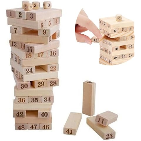 SEVEN4-UK Classic Wooden Tumbling Tower Tumble tower Game Stacking Brick Blocks For Kids & Adults, Great Family, Party Game Large Size, 54 Pieces and 3 Dices to Roll Cover