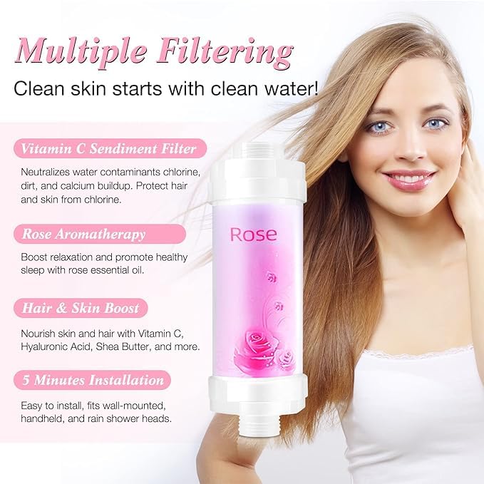 Image of Rose Vitamin C Shower Filter for Hair & Skin (Rose Color), Removes Chlorine & Rust, Softens Hard Water up to 98%, Prevents Dry Skin & Hair Loss, Universal Shower Head Filter, ABS Material