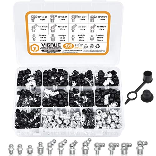 VIGRUE 490Pcs Grease Fittings with Caps, SAE & Metric Zerk Grease Fittings Assortment Kit, 1/4 1/8 M6 M10 Straight 45 90 Degree Zerks for Grease Gun Fitting+Cap 245Pcs
