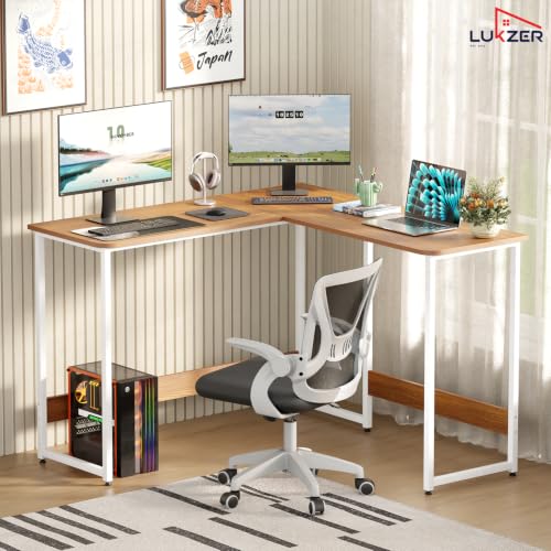 Image of Lukzer L-Shaped Study Table for Home or Office (MST-007 /White & Oak Brown) Metal & Engineered Wood Corner Computer Desk, Laptop & Gaming Station for Students and WFH (110 x 110 x 75 cm) Easy DIY