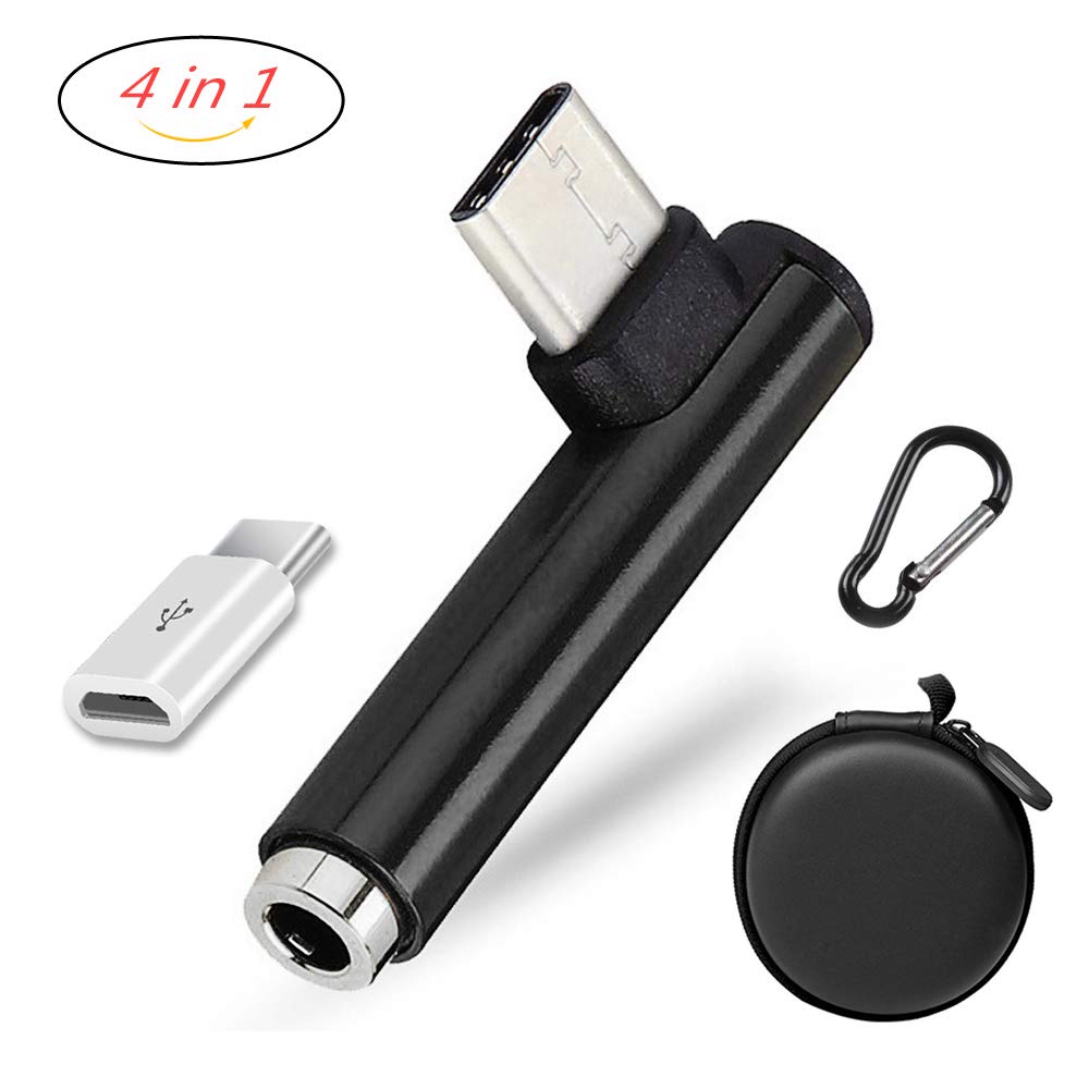 Type C to 3.5mm Audio Adapter, HUIFEN 4 in 1 USB C to 3.5mm Headphone Female Aux Microphone Connector adapter, And Micro USB to USB C Adapter, Compatible with Moto Z, XiaoMi, Huawei,Oneplus 6T (Black)