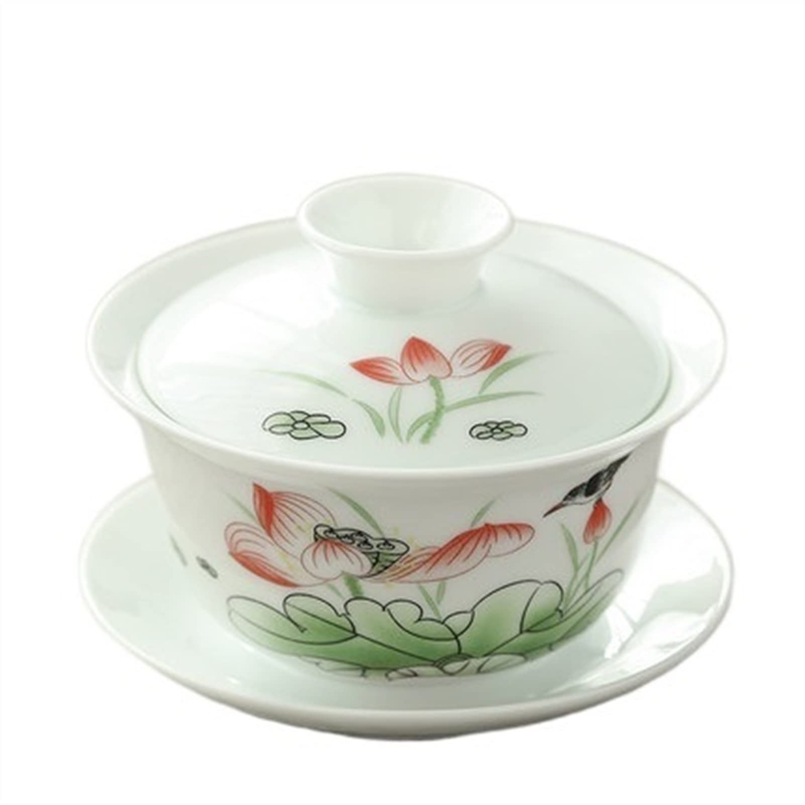 BATLAM Teetasse Blaue und weiße Porzellan-Abdeckschale Teetasse Große einzelne Teeschale Weißes Porzellan-Tee-Set Seladon-Teezubehör (Color : Clear) (Armeegrün)