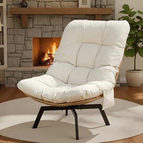 JAMFLY Accent Chair Modern Wicker Swivel Living Room Chairs with Oversized Seat & Cushion, Metal Frame, Phone Pocket for Bedroom, Study, Balcony, Beige