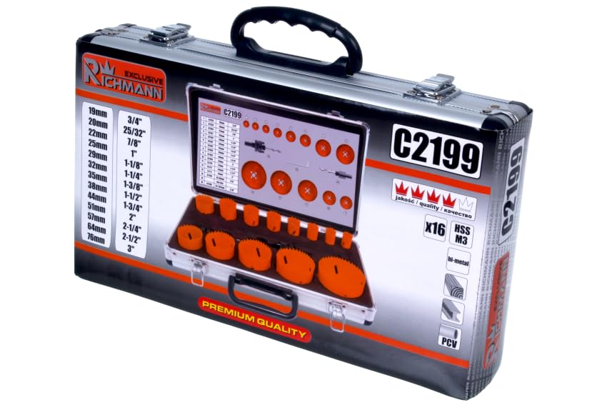 RICHMANN Bimetall Lochsägen Set HSS Elektriker Handwerk 16 Teile 19-76mm | Bohrkrone Bohrer für Metall, Edelstahl, Holz, Kunststoff, Alu, Dosenbohrer, Lochbohrer, Fräser, Koffer Professional Werkzeug
