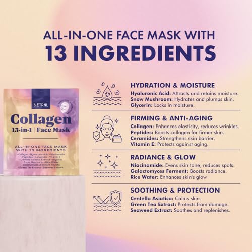 Collagen Face Mask - 13-in-1 Bio Collagen Real Deep Overnight Mask - Hydrating Glass Skin Facial Mask - Anti Wrinkle Korean Skincare Inspired Face Sheet Masks (4 Pack) - Image 3
