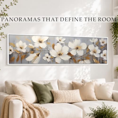 Image of PAINTINGMANTRA White Flowers Wall Art Painting, White Cherry Blossom Flowers for Living Room, Home and Office Wall Decoration (13x47 Inch)