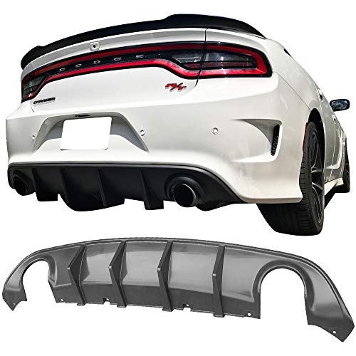 IKON MOTORSPORTS, Rear Diffuser Compatible With 2015-2020 Dodge Charger SRT, V3 Style Unpainted Black PP Splitter Bumper Lip Spoiler, 2016 2017 2018