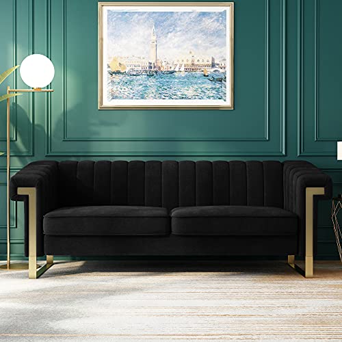 KEIKI 84" Velvet Sleek Channel-Tufted Sofa with Armrest and Back Cushions, Minimalist Style Gold Accents 3-Seater Upholstery Couch with Solid Legs, Easy Assembly, for Living Room, Apartment, Black