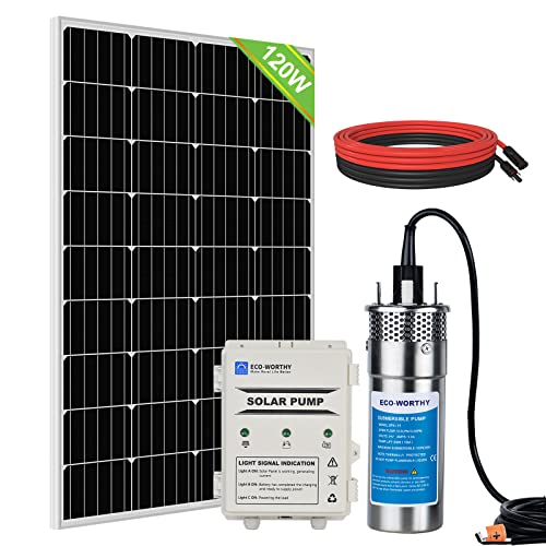 DCHOUSE Kit de pompe à eau solaire pour puits profond 12V DC Pompe à eau submersible avec panneau solaire mono 120W 10AH Contrôleur de batterie pour Well Pond Home Farm Acier inoxydable Cover