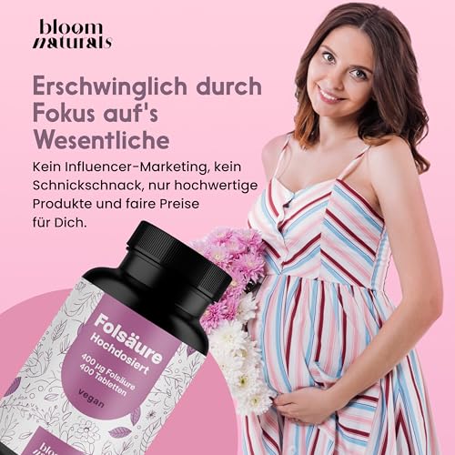 Folsäure 400µg - 400 Tabletten - hochdosiert - laborgeprüft mit Zertifikat - 100% vegan - Jahresvorrat - Verpackung kann variieren